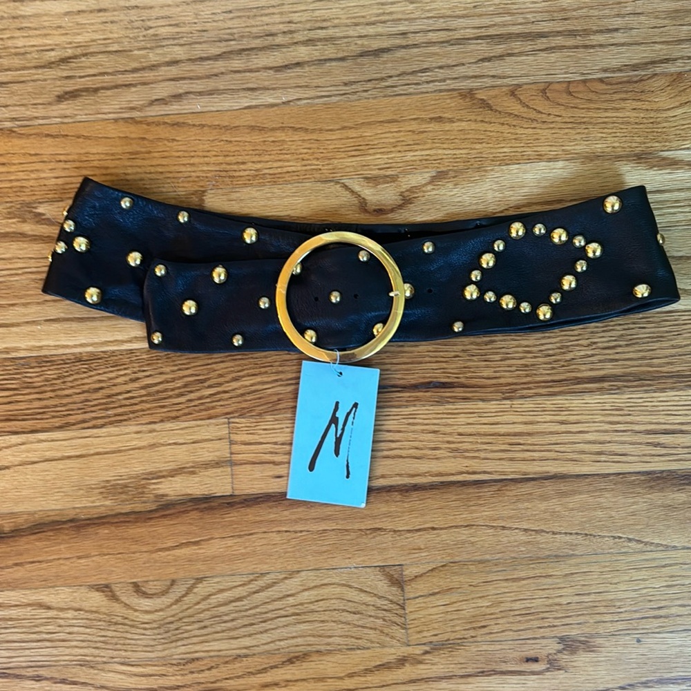 RARE Y2K Vintage Marciano BLK Leather GOLD Stud Wide Belt BNWT Size M/L